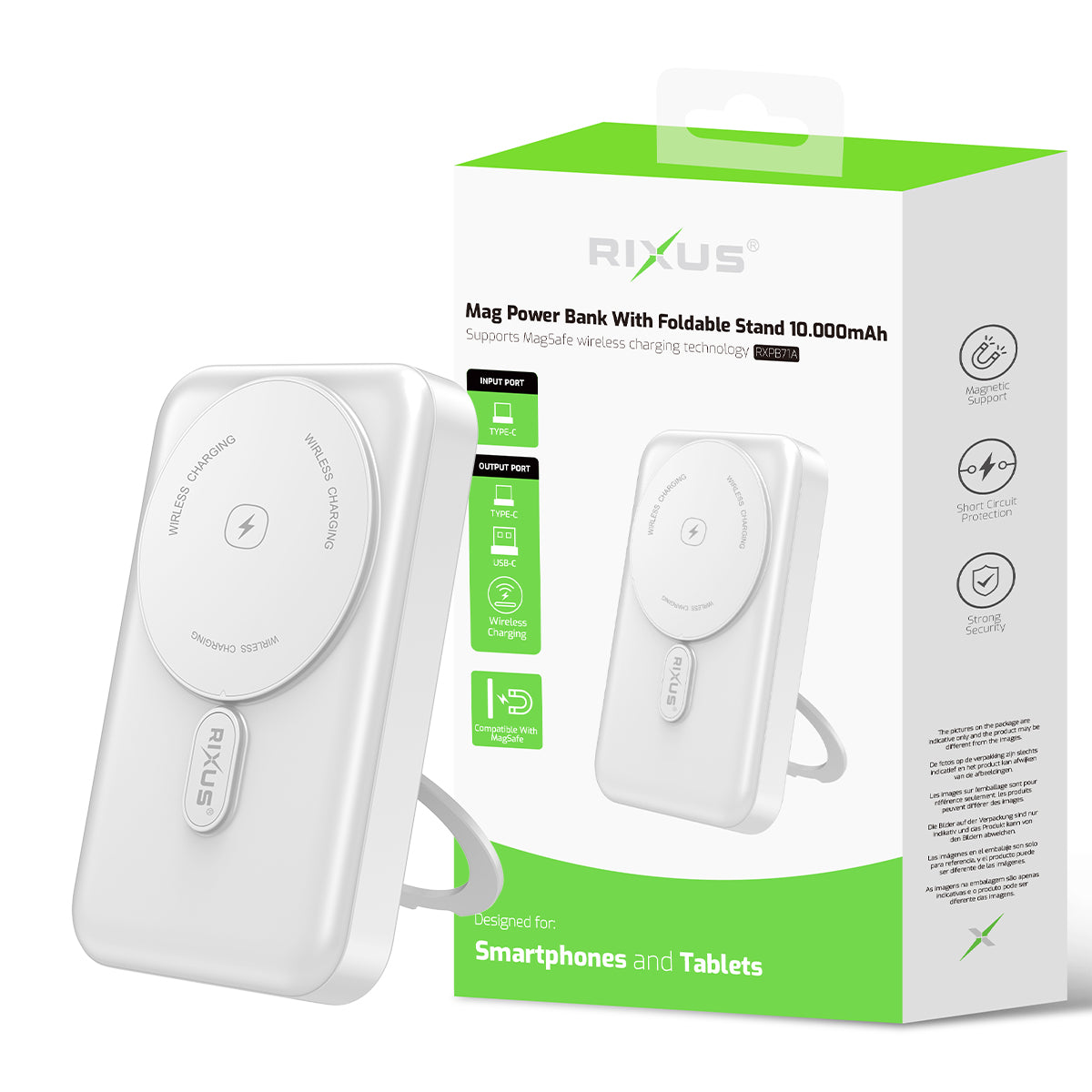 Rixus Mag Power Bank met Uitklapbare Standaard 10.000mAh Wit RXPB71A