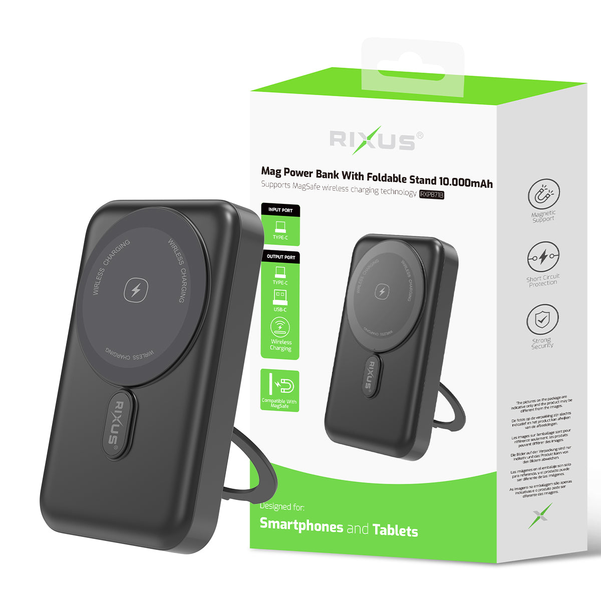Rixus Mag Power Bank met Uitklapbare Standaard 10.000mAh Zwart RXPB71B
