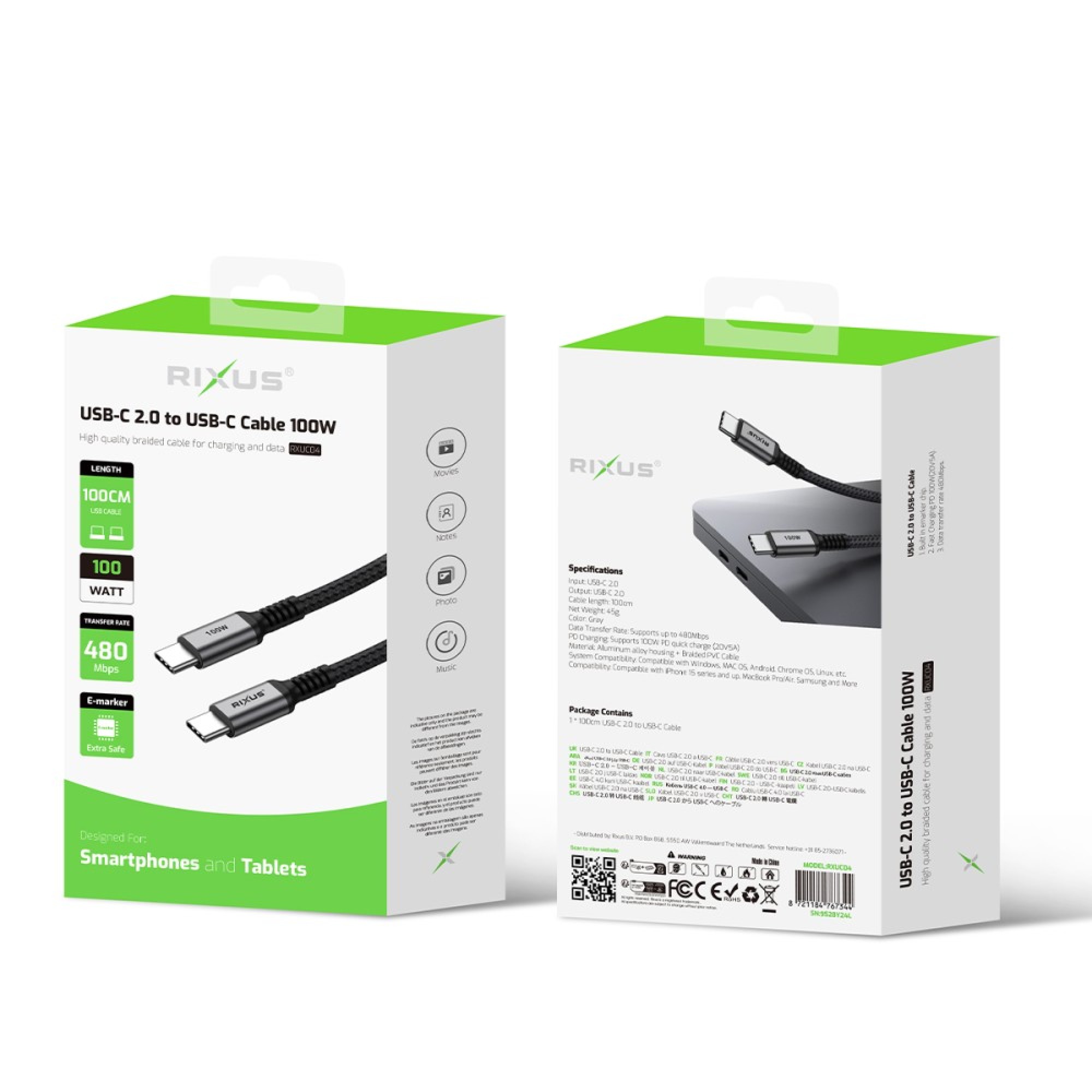 Rixus USB-C naar USB-C Kabel 100W 1M